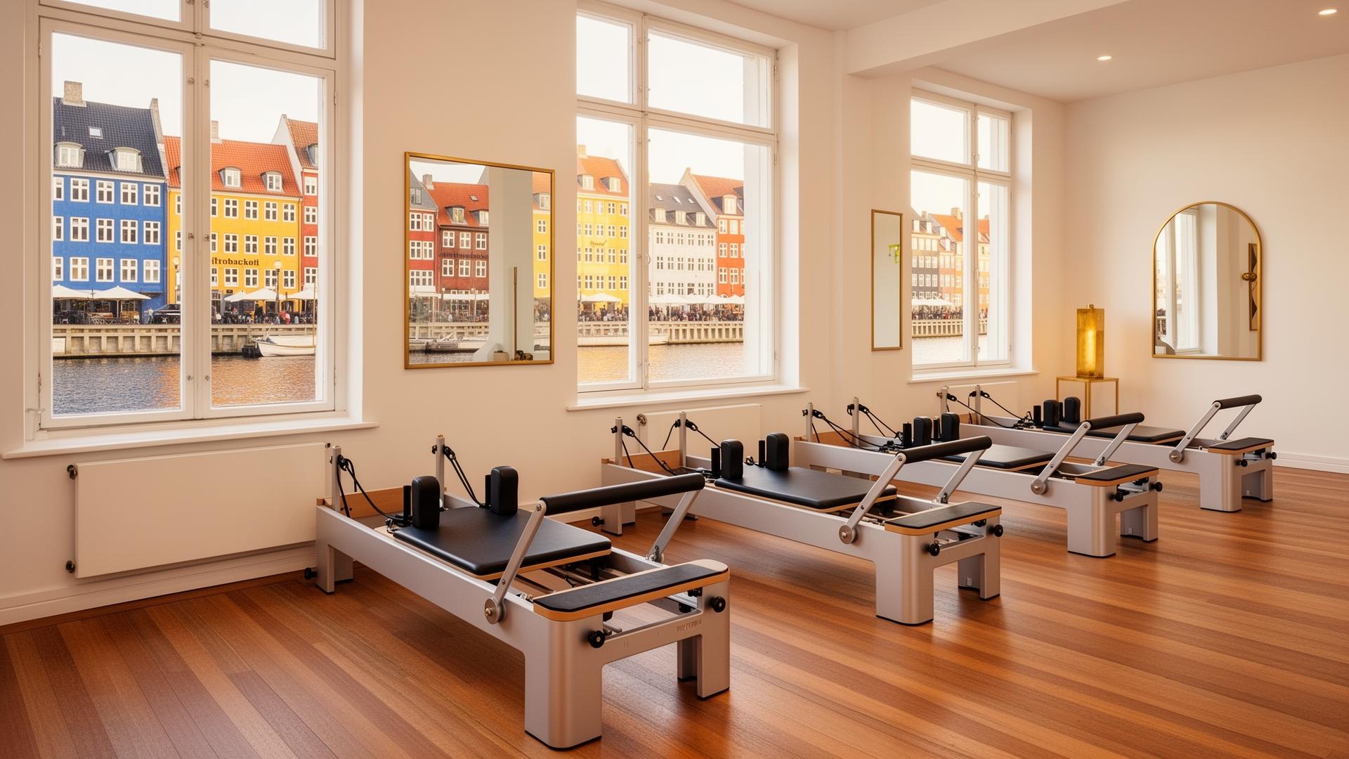 Pilates Reformers i lyst studie med udsigt over Nyhavn i København