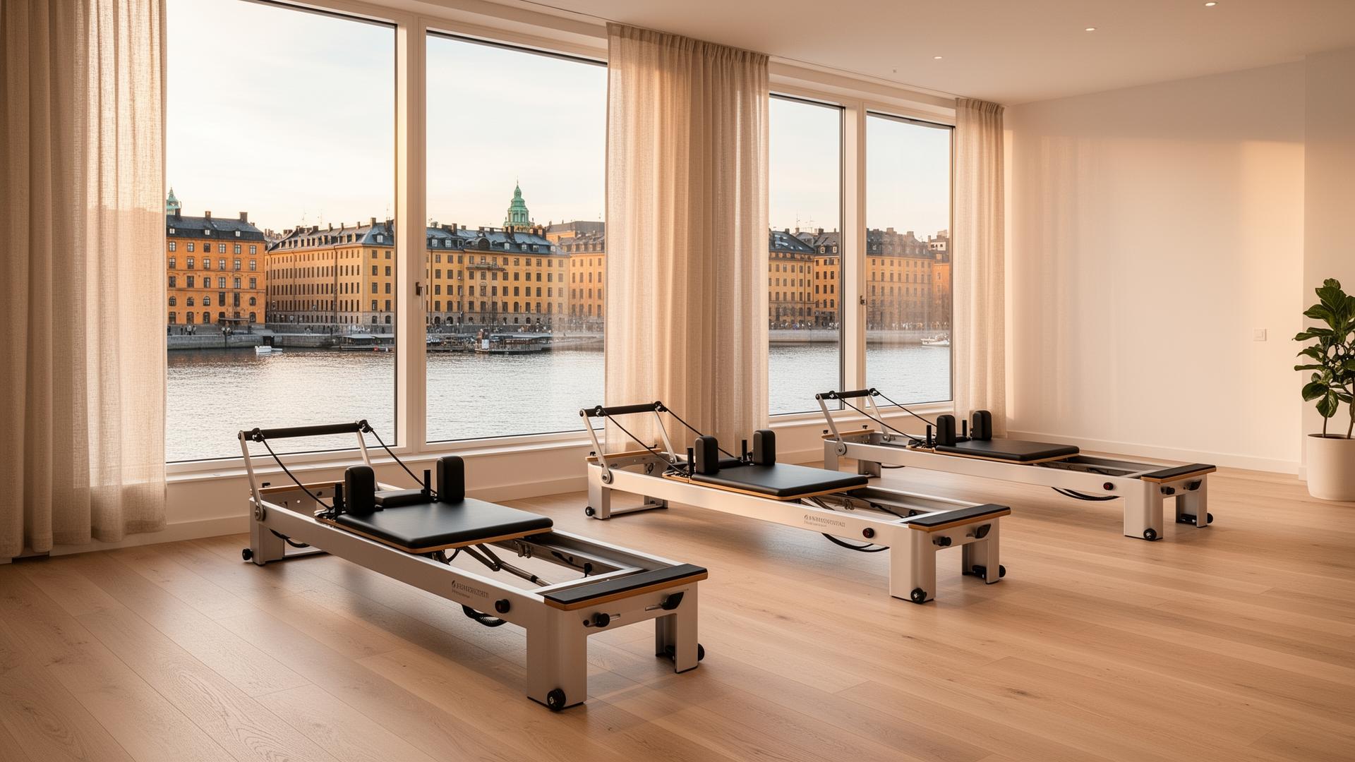 Pilates Reformers i ljus studio med utsikt över Stockholms vatten