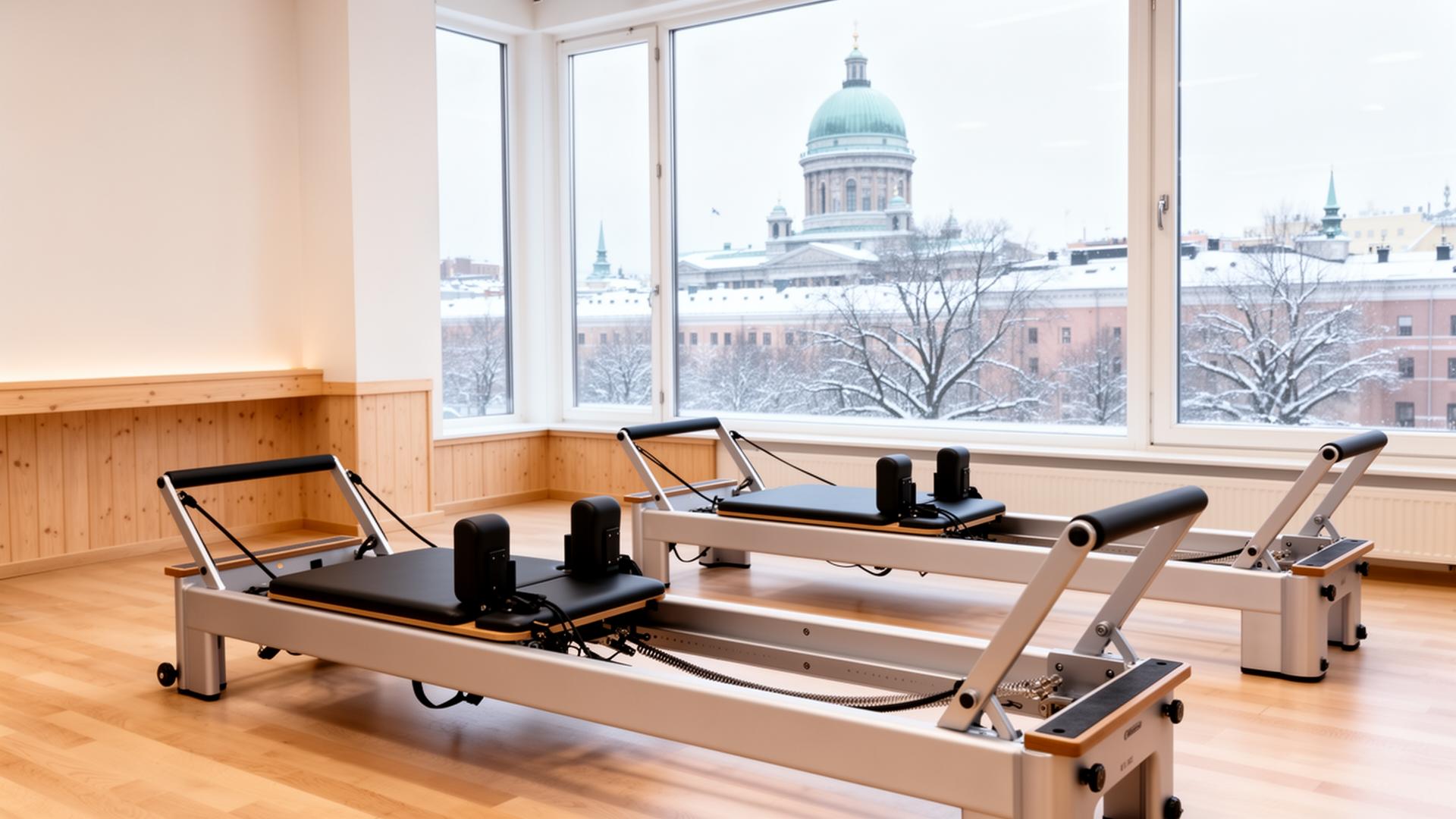 Pilates Reformer-laitteet valoisassa studiossa, näkymä luminen Helsinki